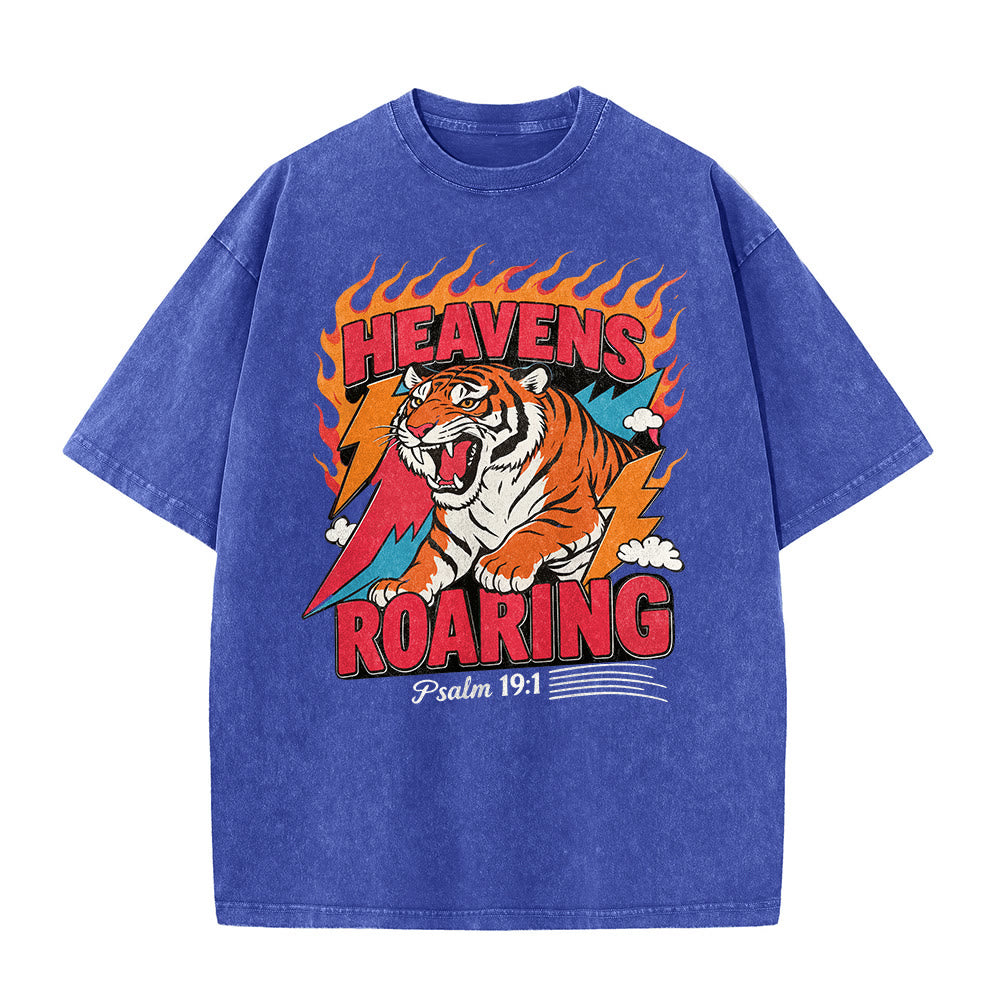 Christianartworkshop Heavens Roaring Tiger Flame Lightning Psalm 19:1 Retro Washed Unisex T-Shirt - image 2