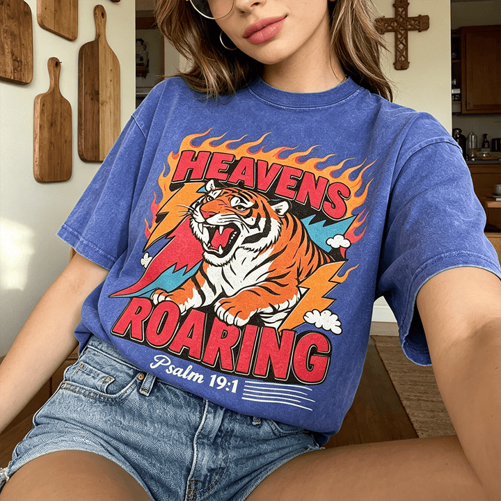 Christianartworkshop Heavens Roaring Tiger Flame Lightning Psalm 19:1 Retro Washed Unisex T-Shirt - image 0