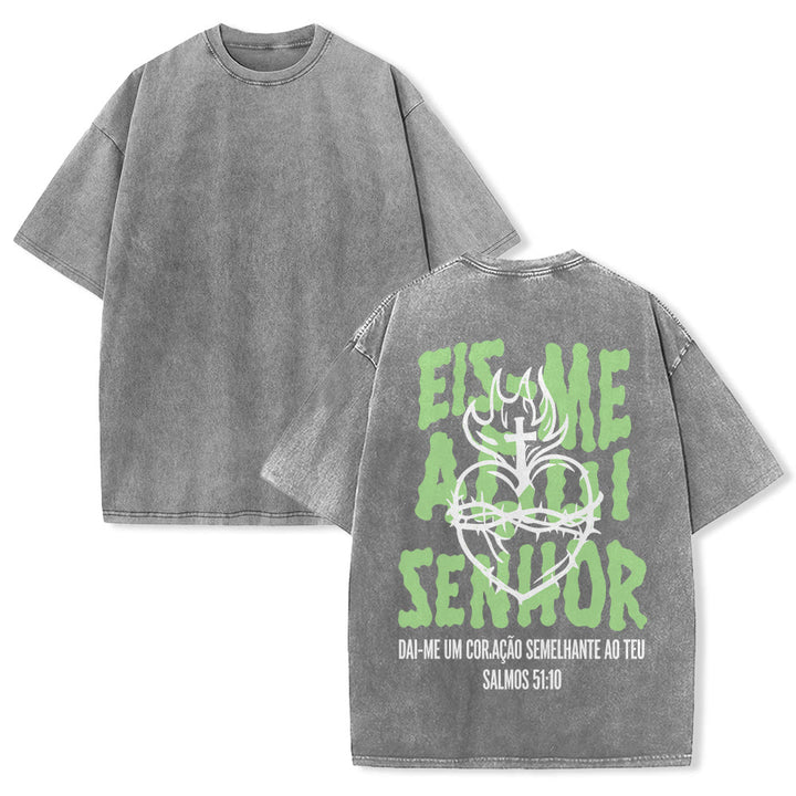 Christianartworkshop Portuguese Spiritual Phrase Thorn Sacred Heart Cross Flame Back Graphic Washed Unisex T-Shirt - Grey - 5XL - image 25