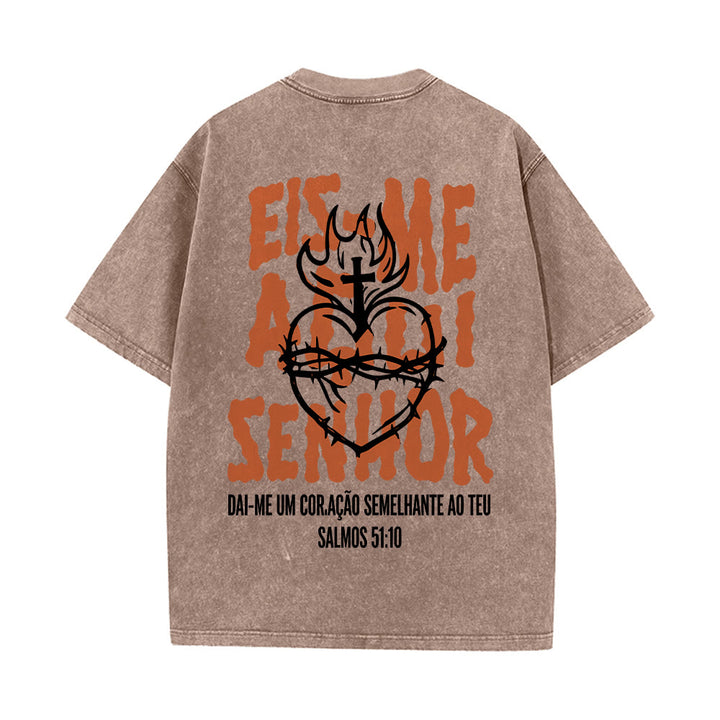 Christianartworkshop Portuguese Spiritual Phrase Thorn Sacred Heart Cross Flame Back Graphic Washed Unisex T-Shirt - image 20