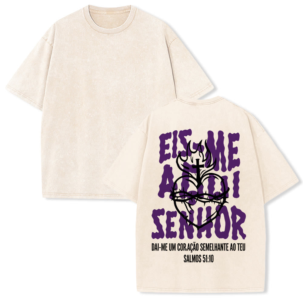 Christianartworkshop Portuguese Spiritual Phrase Thorn Sacred Heart Cross Flame Back Graphic Washed Unisex T-Shirt - Beige - 5XL - image 1