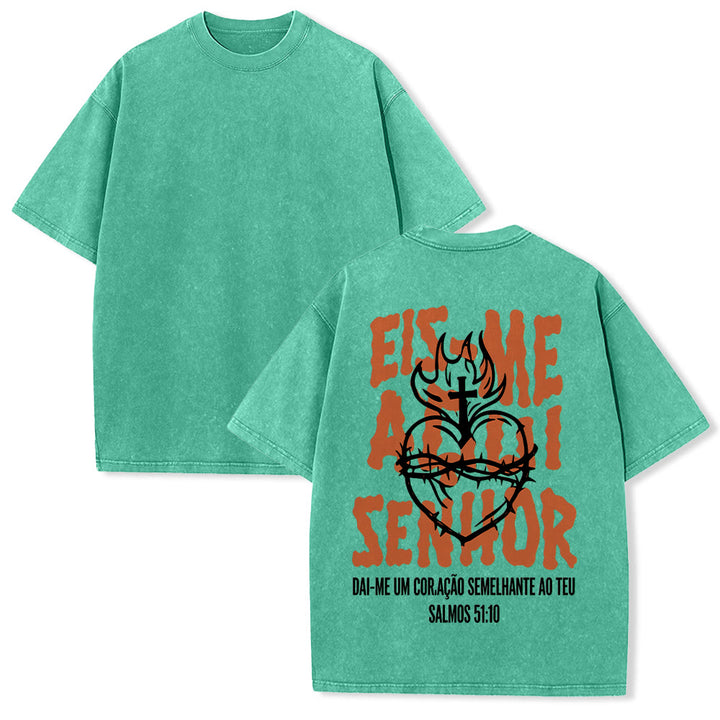 Christianartworkshop Portuguese Spiritual Phrase Thorn Sacred Heart Cross Flame Back Graphic Washed Unisex T-Shirt - Green - 5XL - image 13