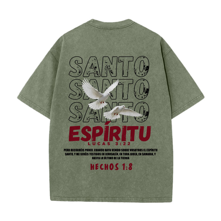 Christianartworkshop Spanish Holy Spirit Slogan Double Dove Distressed Font Back Graphic Washed Unisex T-Shirt - image 17