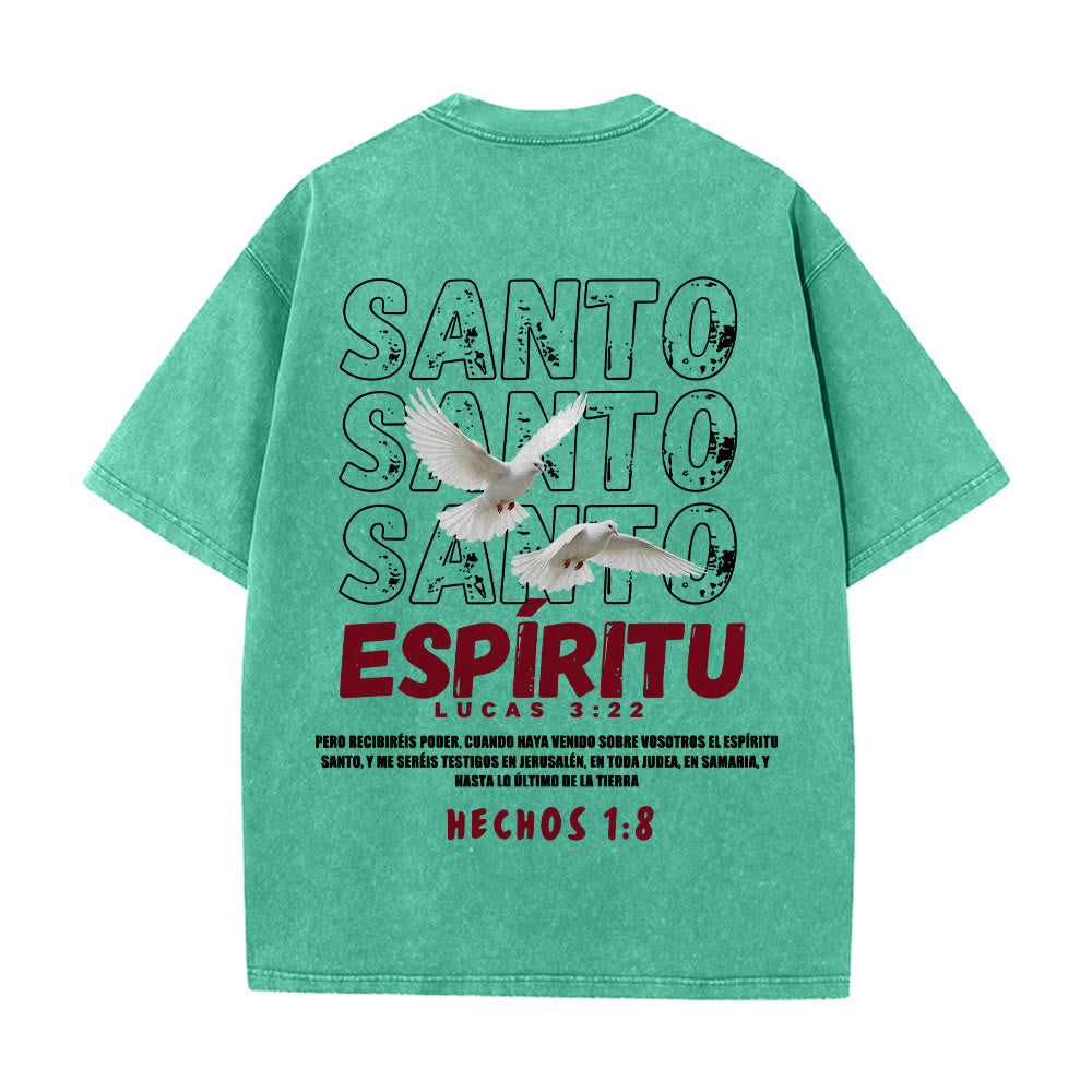 Christianartworkshop Spanish Holy Spirit Slogan Double Dove Distressed Font Back Graphic Washed Unisex T-Shirt - image 8