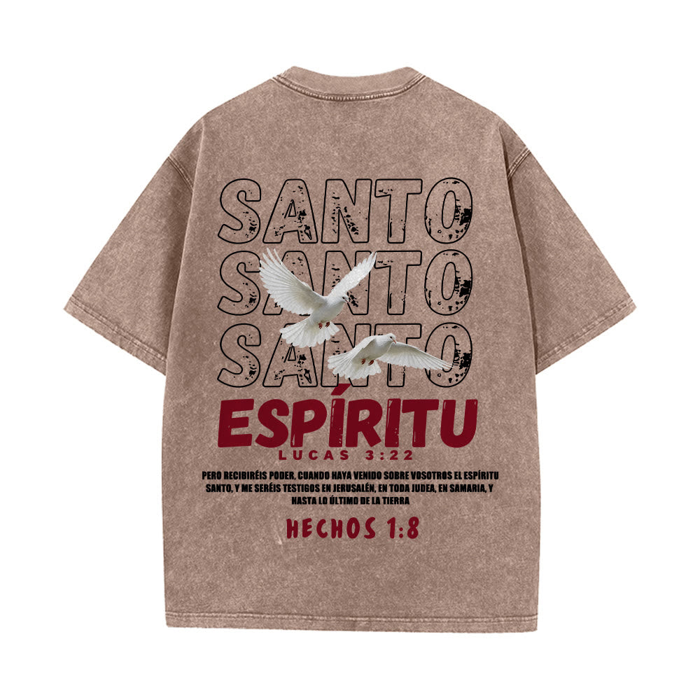 Christianartworkshop Spanish Holy Spirit Slogan Double Dove Distressed Font Back Graphic Washed Unisex T-Shirt - image 20