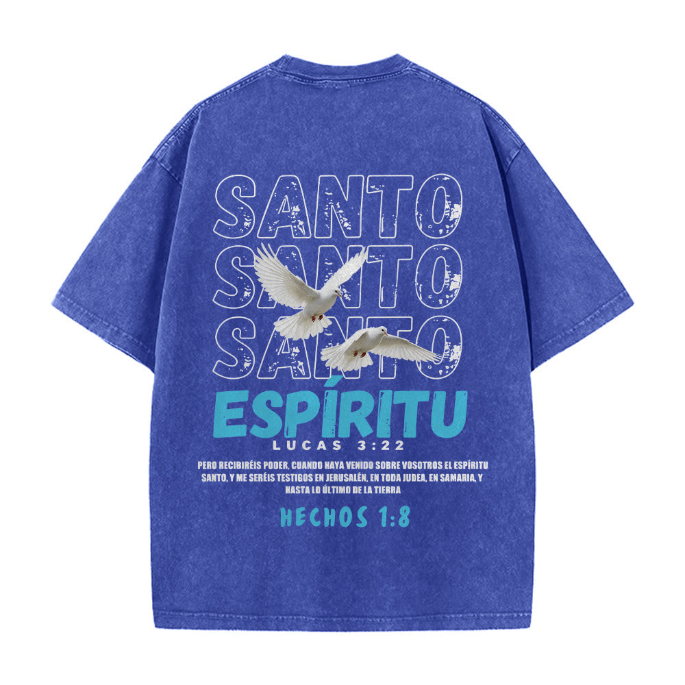 Christianartworkshop Spanish Holy Spirit Slogan Double Dove Distressed Font Back Graphic Washed Unisex T-Shirt - image 11