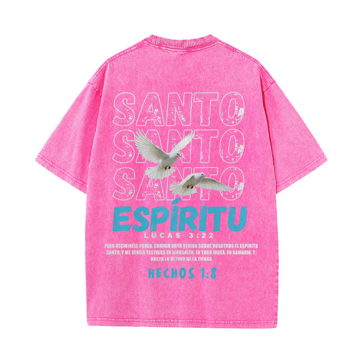 Christianartworkshop Spanish Holy Spirit Slogan Double Dove Distressed Font Back Graphic Washed Unisex T-Shirt - image 23