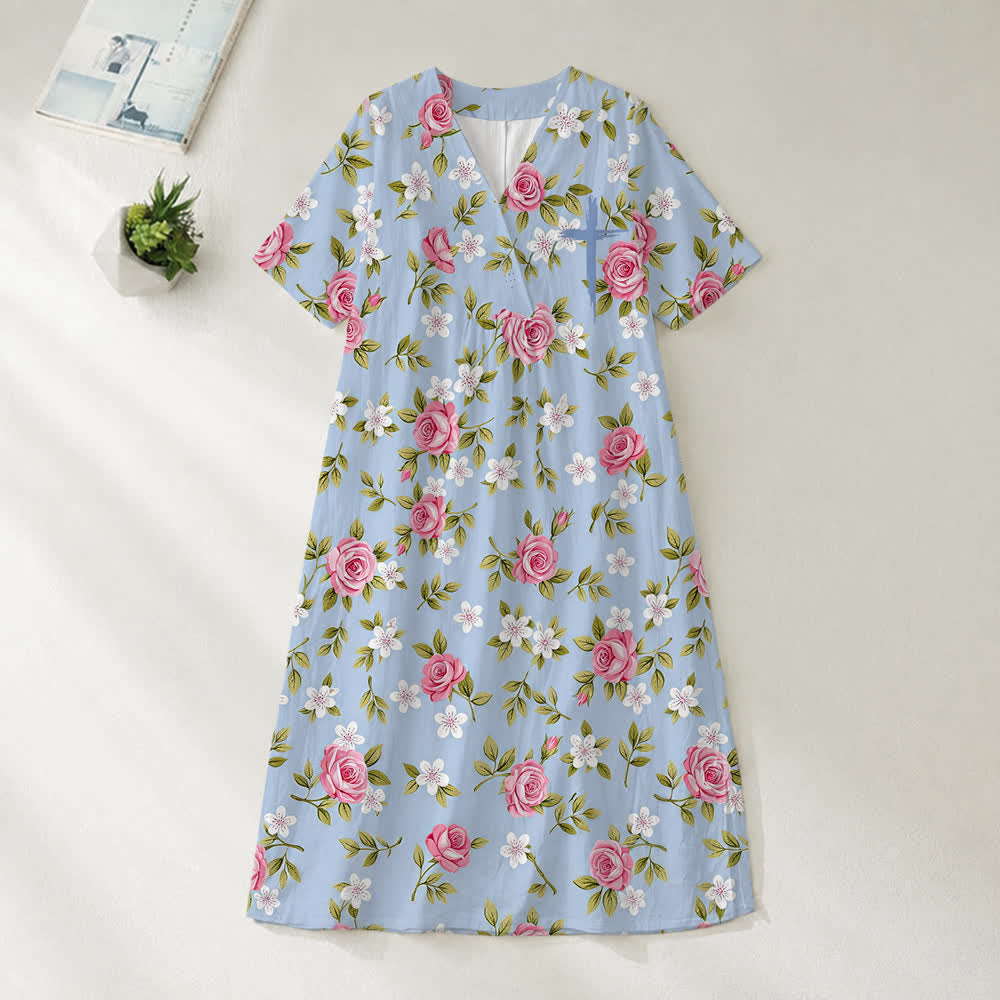 Christianartworkshop Summer Oversized Floral Print Cross Graphic V-Neck Short Sleeve Midi Dress - Rose Garden - 4XL - image 1