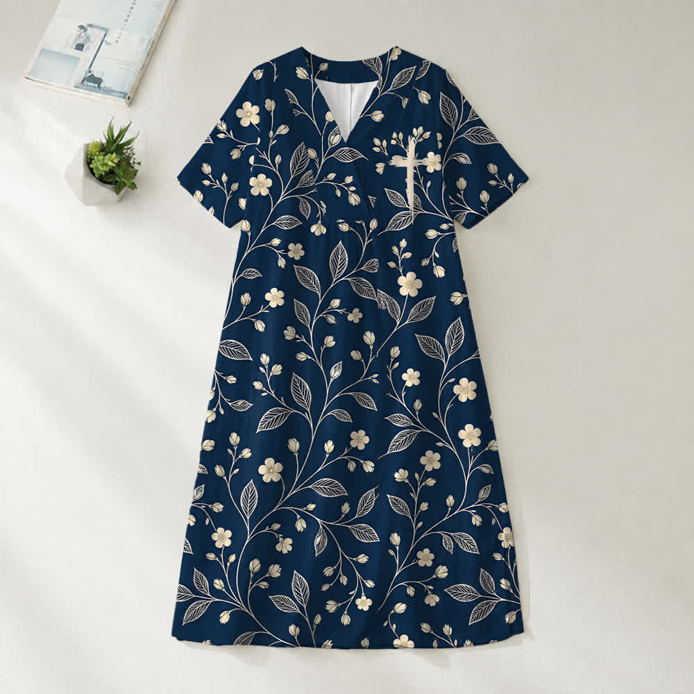 Christianartworkshop Summer Oversized Floral Print Cross Graphic V-Neck Short Sleeve Midi Dress - Vine - 4XL - image 5