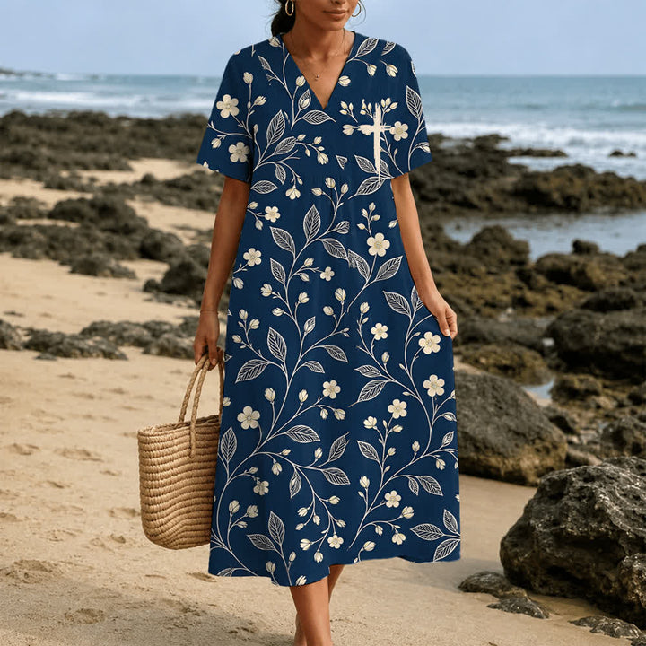 Christianartworkshop Summer Oversized Floral Print Cross Graphic V-Neck Short Sleeve Midi Dress - image 8