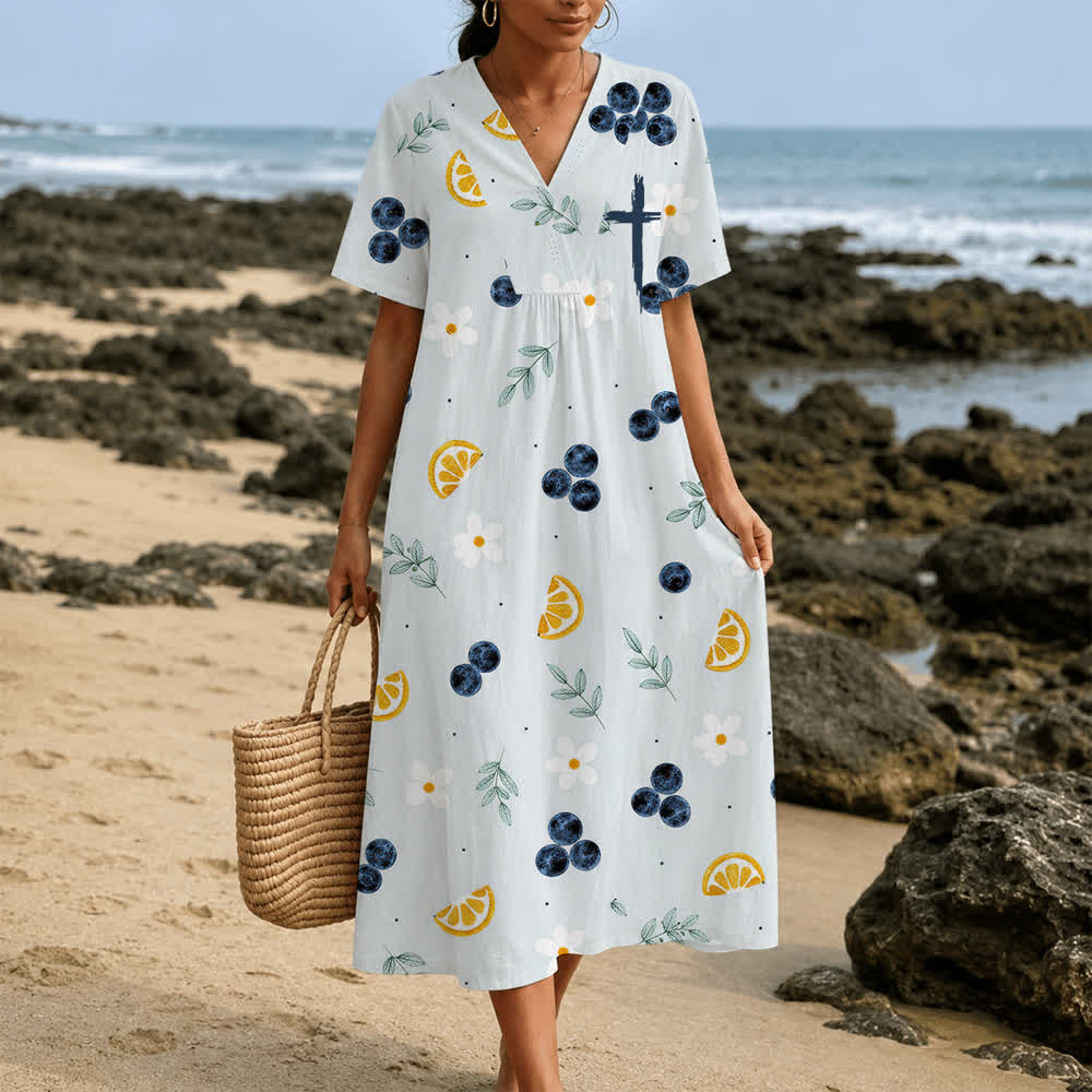 Christianartworkshop Summer Oversized Floral Print Cross Graphic V-Neck Short Sleeve Midi Dress - image 11