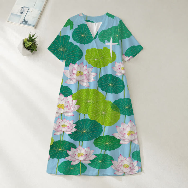 Christianartworkshop Summer Oversized Floral Print Cross Graphic V-Neck Short Sleeve Midi Dress - Lotus - 4XL - image 13