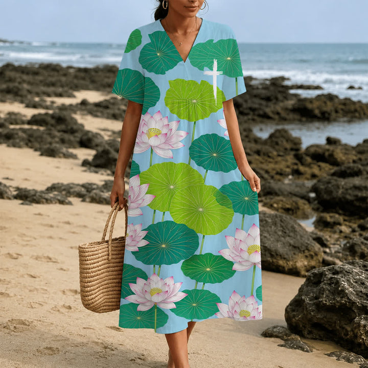 Christianartworkshop Summer Oversized Floral Print Cross Graphic V-Neck Short Sleeve Midi Dress - image 15