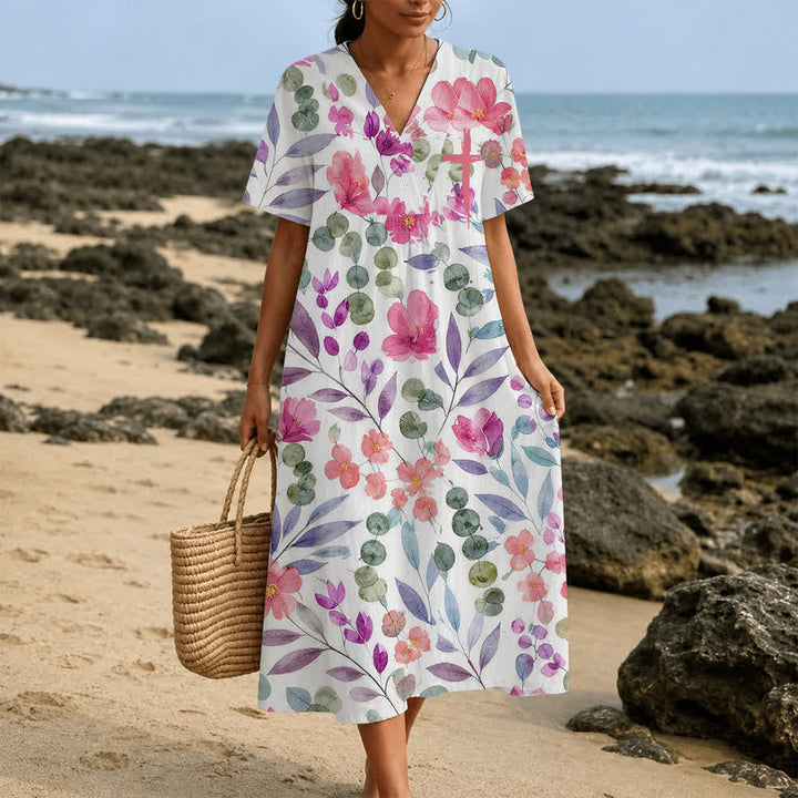 Christianartworkshop Summer Oversized Floral Print Cross Graphic V-Neck Short Sleeve Midi Dress - image 19