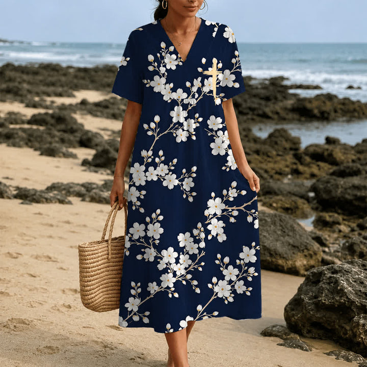 Christianartworkshop Summer Oversized Floral Print Cross Graphic V-Neck Short Sleeve Midi Dress - image 24