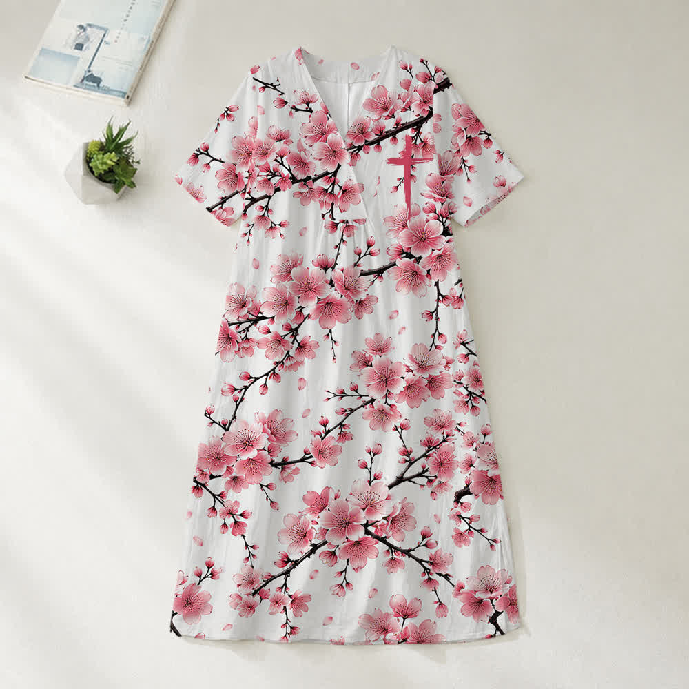 Christianartworkshop Summer Oversized Floral Print Cross Graphic V-Neck Short Sleeve Midi Dress - Sakura - 4XL - image 25