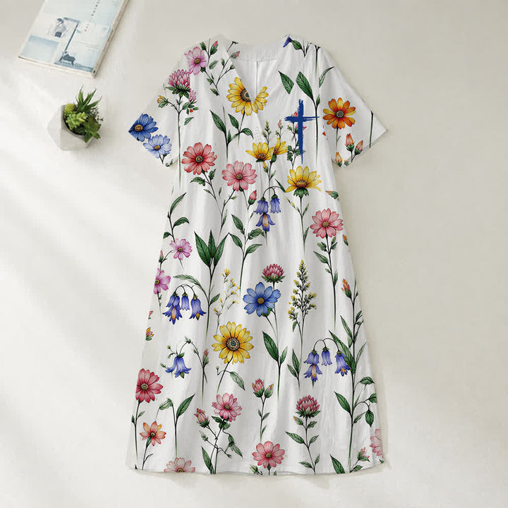Christianartworkshop Summer Oversized Floral Print Cross Graphic V-Neck Short Sleeve Midi Dress - Wildflower - 4XL - image 29