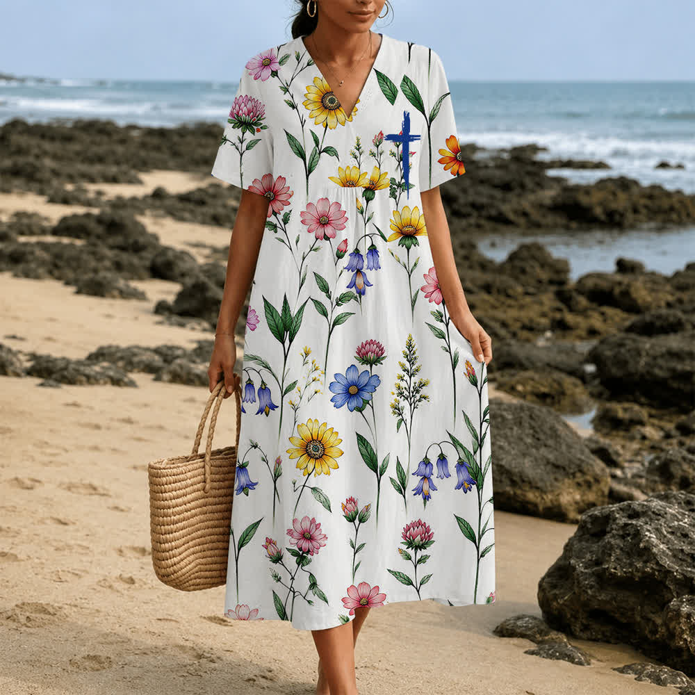 Christianartworkshop Summer Oversized Floral Print Cross Graphic V-Neck Short Sleeve Midi Dress - image 31