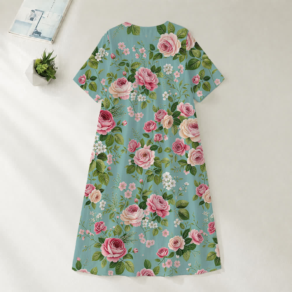Christianartworkshop Summer Oversized Floral Print Cross Graphic V-Neck Short Sleeve Midi Dress - image 34