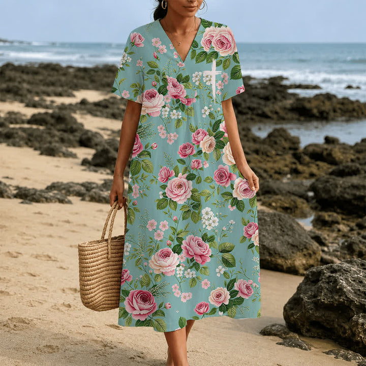 Christianartworkshop Summer Oversized Floral Print Cross Graphic V-Neck Short Sleeve Midi Dress - image 35