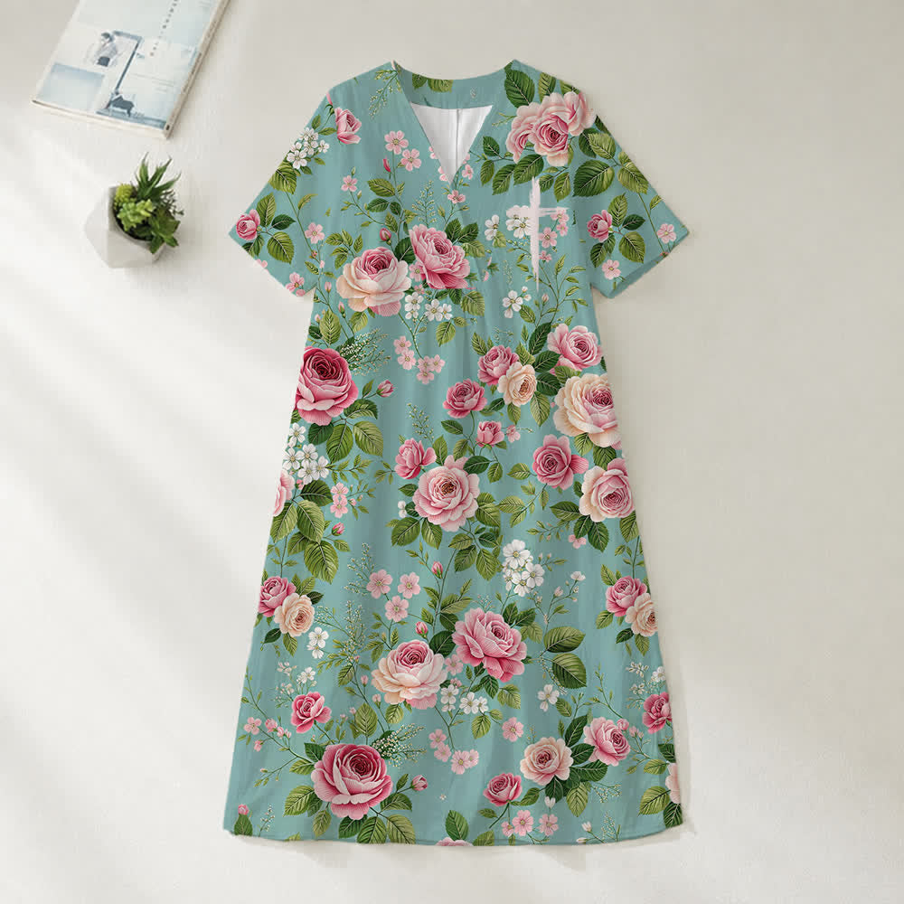 Christianartworkshop Summer Oversized Floral Print Cross Graphic V-Neck Short Sleeve Midi Dress - Rose - 4XL - image 33