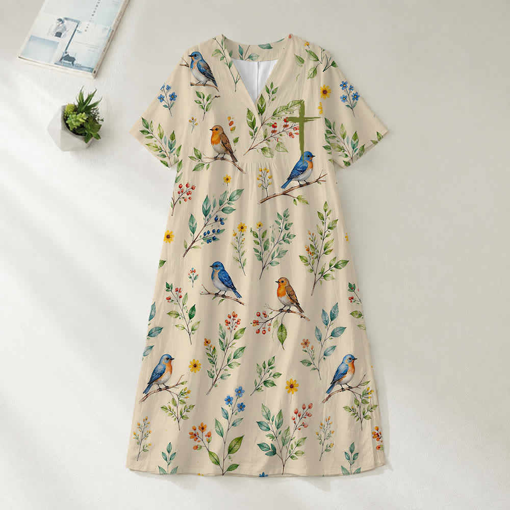Christianartworkshop Summer Oversized Floral Print Cross Graphic V-Neck Short Sleeve Midi Dress - Chirp - 4XL - image 37