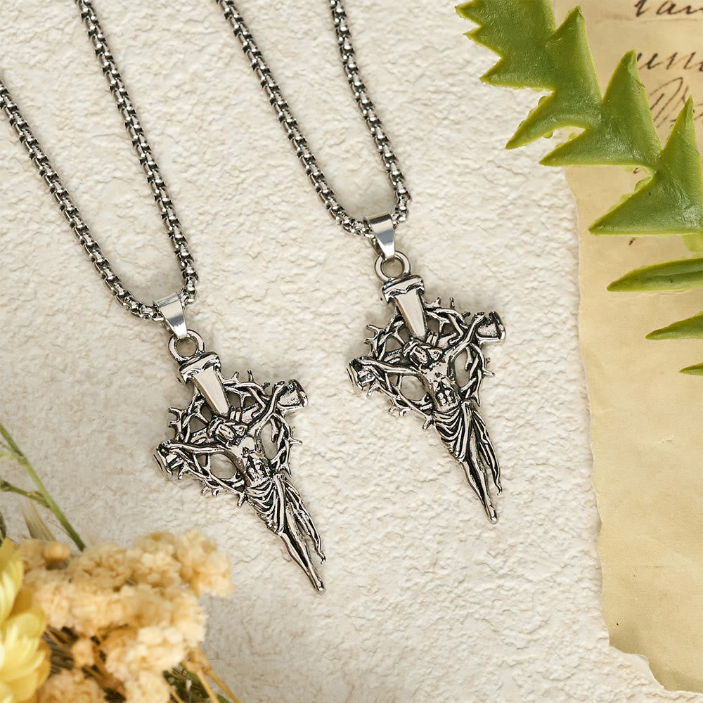 Christianartworkshop Embossed Thorn Crown Crucifix Box Chain Necklace: Emblem of Sacrifice and Redeeming Mercy - image 2