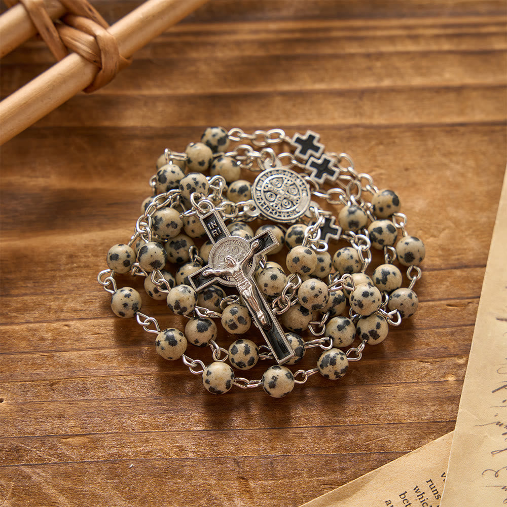 Christianartworkshop Spotted Natural Stone St.Benedict Crucifix Prayer Rosary: Emblem of Prayerful Protection & Redeeming Mercy - image 1