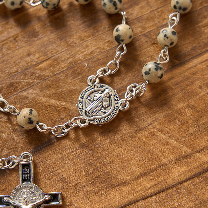 Christianartworkshop Spotted Natural Stone St.Benedict Crucifix Prayer Rosary: Emblem of Prayerful Protection & Redeeming Mercy - image 3