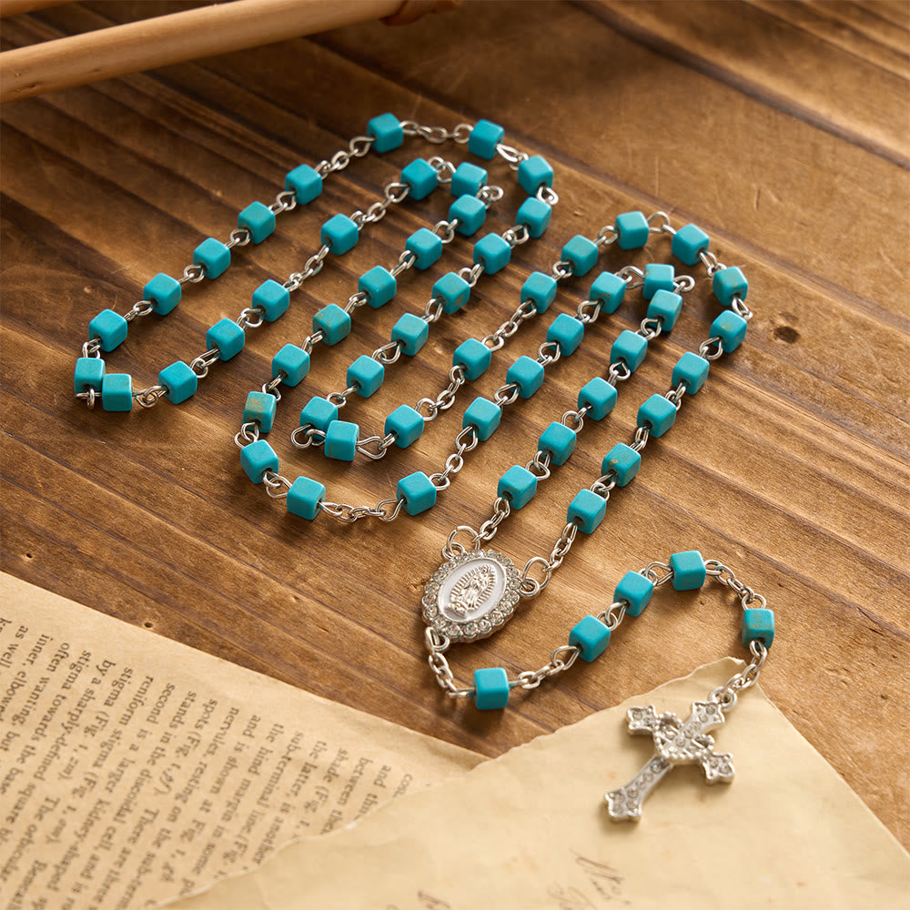 Christianartworkshop Cube Turquoise Bead Crystal Border Our Lady Prayer Rosary: Emblem of Gentle Heavenly Protection - image 1