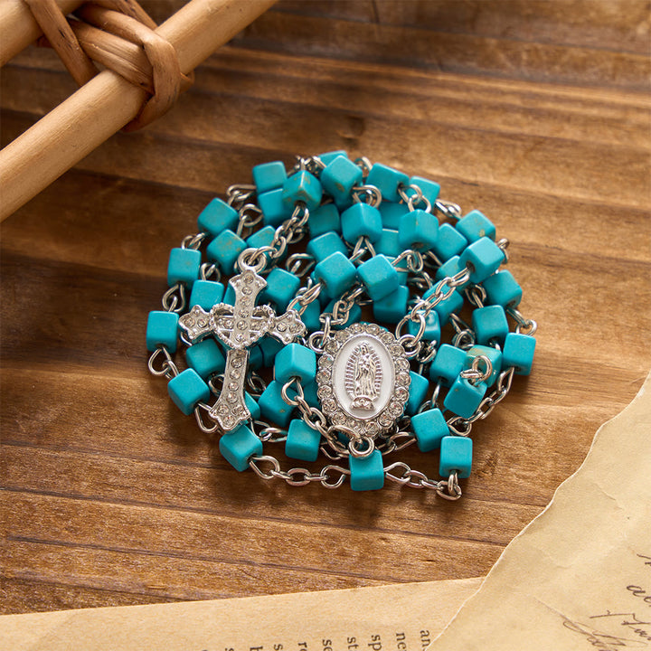 Christianartworkshop Cube Turquoise Bead Crystal Border Our Lady Prayer Rosary: Emblem of Gentle Heavenly Protection - Our Lady & Cross - image 0