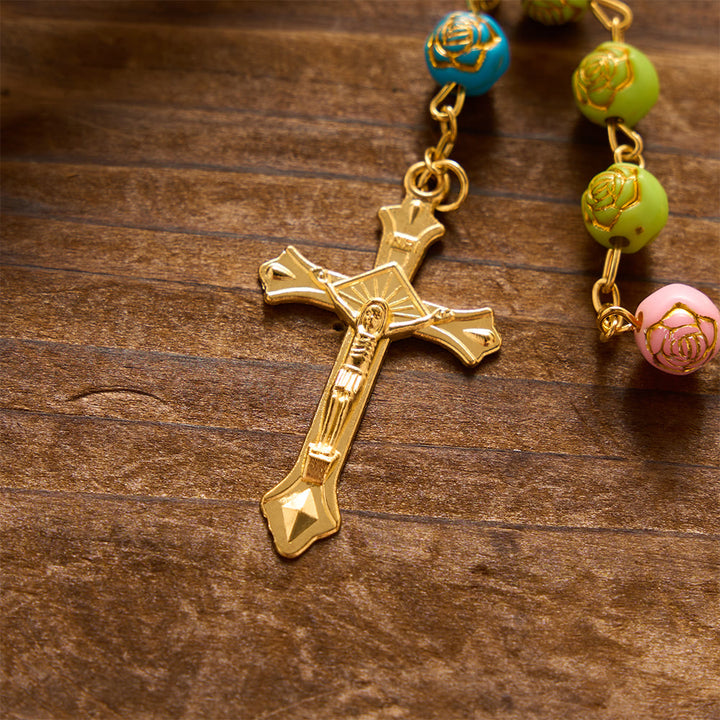 Christianartworkshop Gilded Embossed Rose Flower Bead Our Lady Crucifix Prayer Rosary: Emblem of Blossoming Divine Mercy - image 4