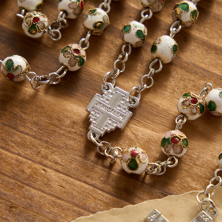 Christianartworkshop White Floral Cloisonné Jerusalem Cross Crucifix Prayer Rosary: Emblem of Timeless Guarding Divine Grace - image 3