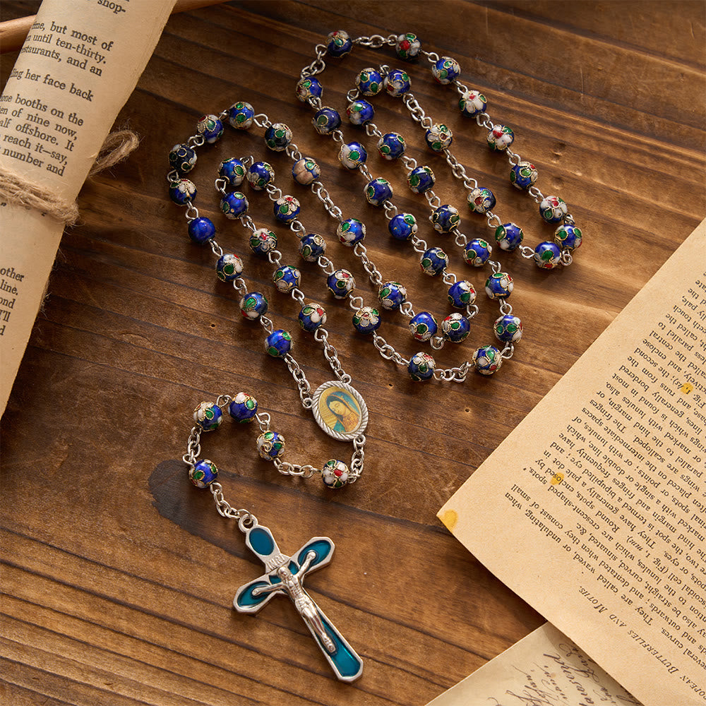 Christianartworkshop Multi-Color Floral Cloisonné Our Lady Enamel Crucifix Prayer Rosary: Emblem of Vibrant Sheltering Divine Grace - Blue - image 0