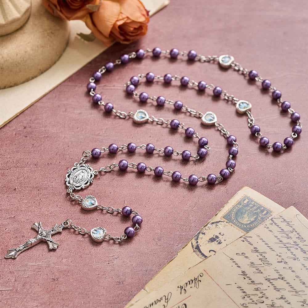 Christianartworkshop Multi-Tone Glossy Pearlescent Bead Heart Saint Portrait Prayer Rosary: Emblem of Gentle Heavenly Shelter - Purple - image 0