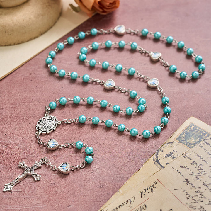Christianartworkshop Multi-Tone Glossy Pearlescent Bead Heart Saint Portrait Prayer Rosary: Emblem of Gentle Heavenly Shelter - Blue - image 16