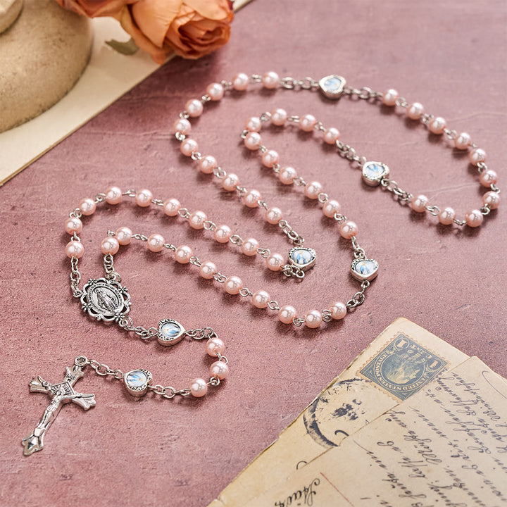Christianartworkshop Multi-Tone Glossy Pearlescent Bead Heart Saint Portrait Prayer Rosary: Emblem of Gentle Heavenly Shelter - Pink - image 8