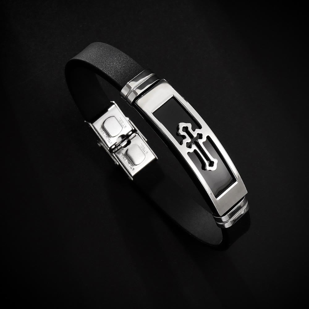 Christianartworkshop Hollow Cutout Cross Stainless Steel Silicone Wrist Bracelet: Emblem of Subtle Abiding Grace - Black&Silver - image 4