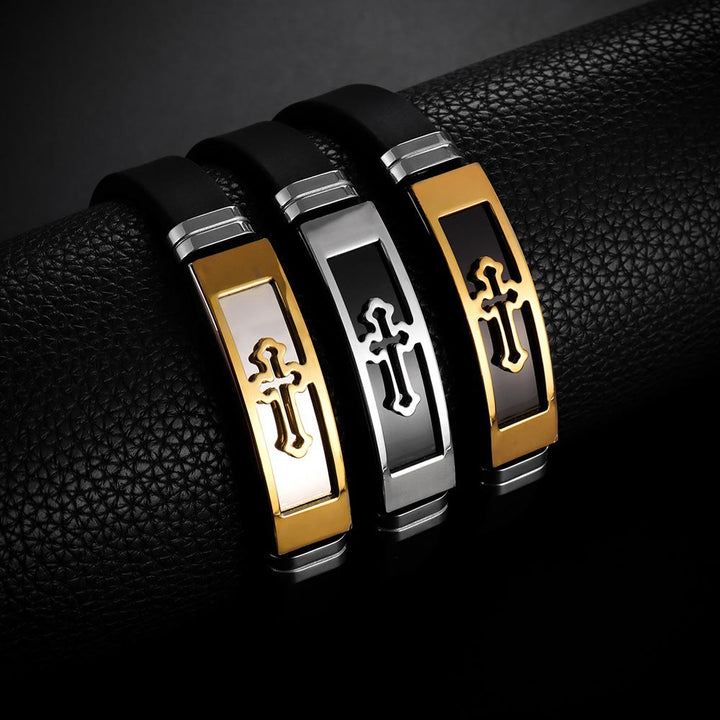 Christianartworkshop Hollow Cutout Cross Stainless Steel Silicone Wrist Bracelet: Emblem of Subtle Abiding Grace - image 0