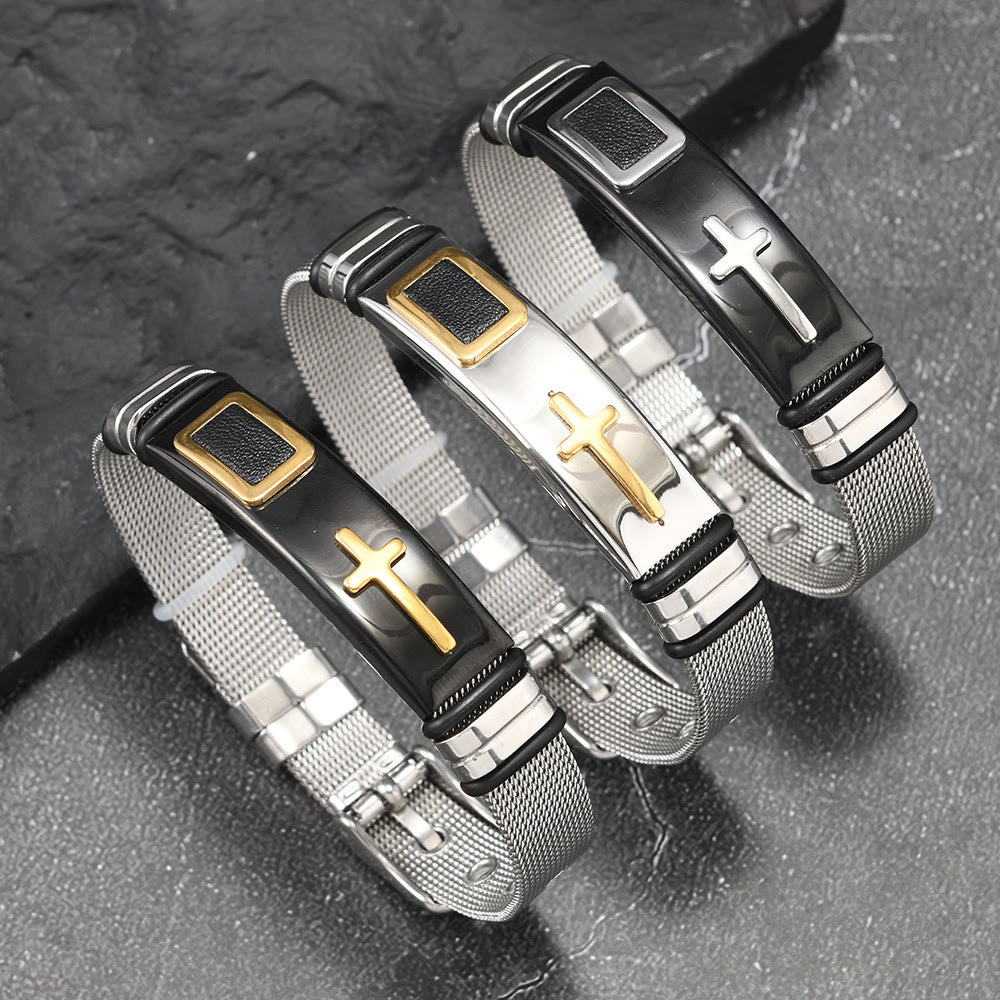 Christianartworkshop Two-Tone Raised Cross Mesh Stainless Steel Pin Buckle Bracelet: Emblem of Minimalist Abiding Grace - image 0