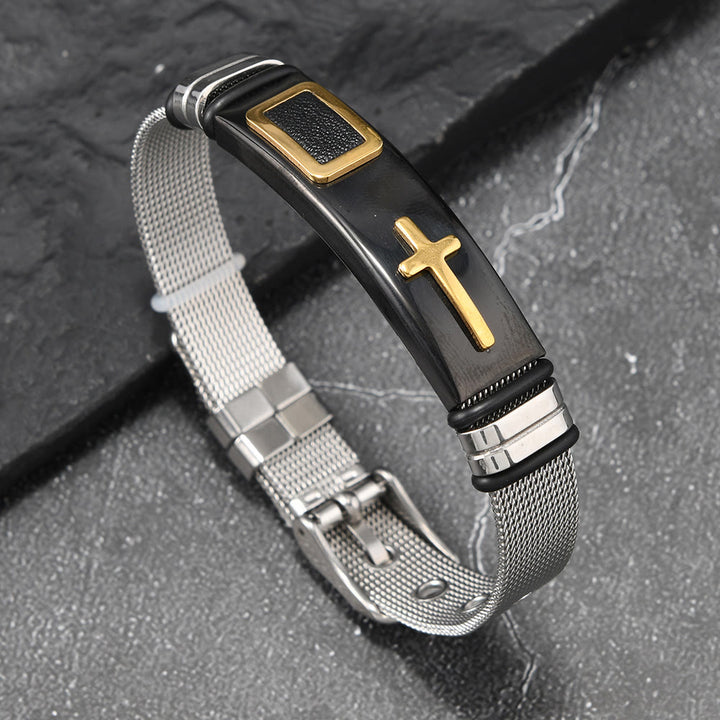 Christianartworkshop Two-Tone Raised Cross Mesh Stainless Steel Pin Buckle Bracelet: Emblem of Minimalist Abiding Grace - Black&Golden - image 5