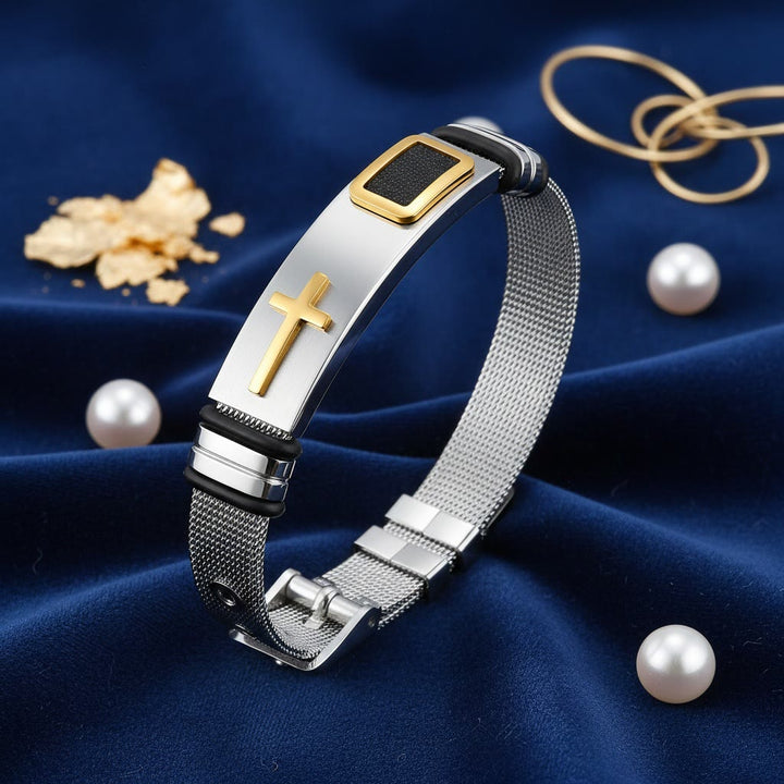 Christianartworkshop Two-Tone Raised Cross Mesh Stainless Steel Pin Buckle Bracelet: Emblem of Minimalist Abiding Grace - image 8