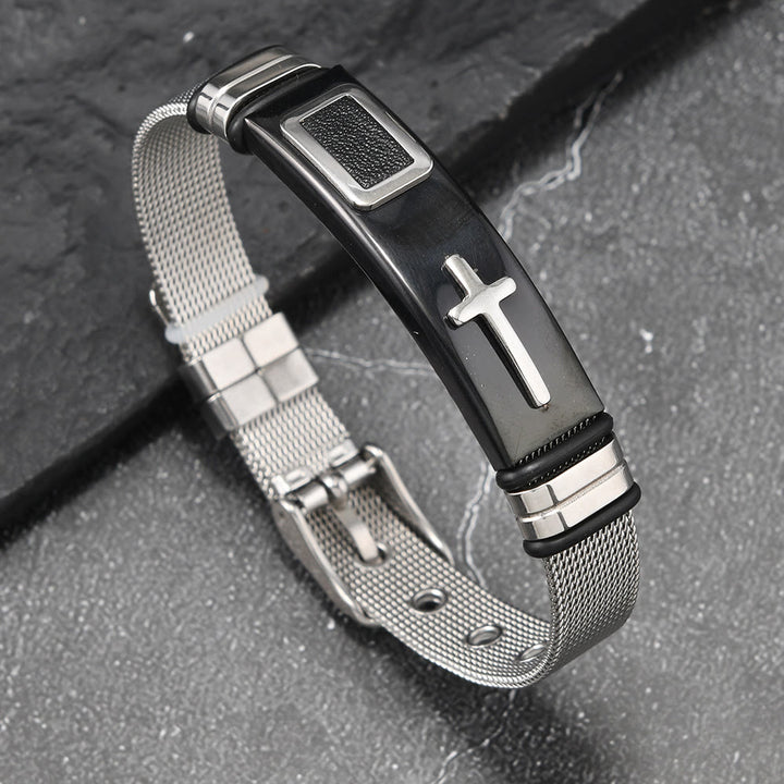 Christianartworkshop Two-Tone Raised Cross Mesh Stainless Steel Pin Buckle Bracelet: Emblem of Minimalist Abiding Grace - Black&Silver - image 6