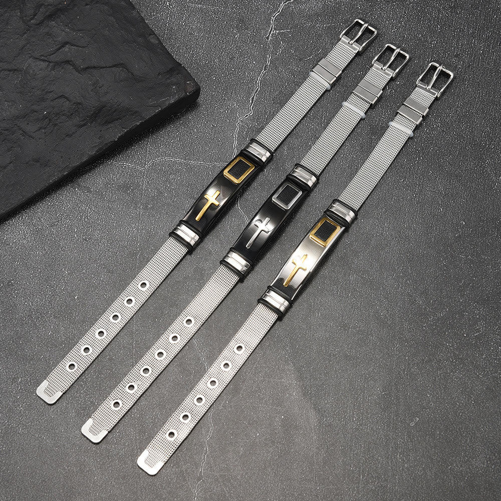 Christianartworkshop Two-Tone Raised Cross Mesh Stainless Steel Pin Buckle Bracelet: Emblem of Minimalist Abiding Grace - image 3