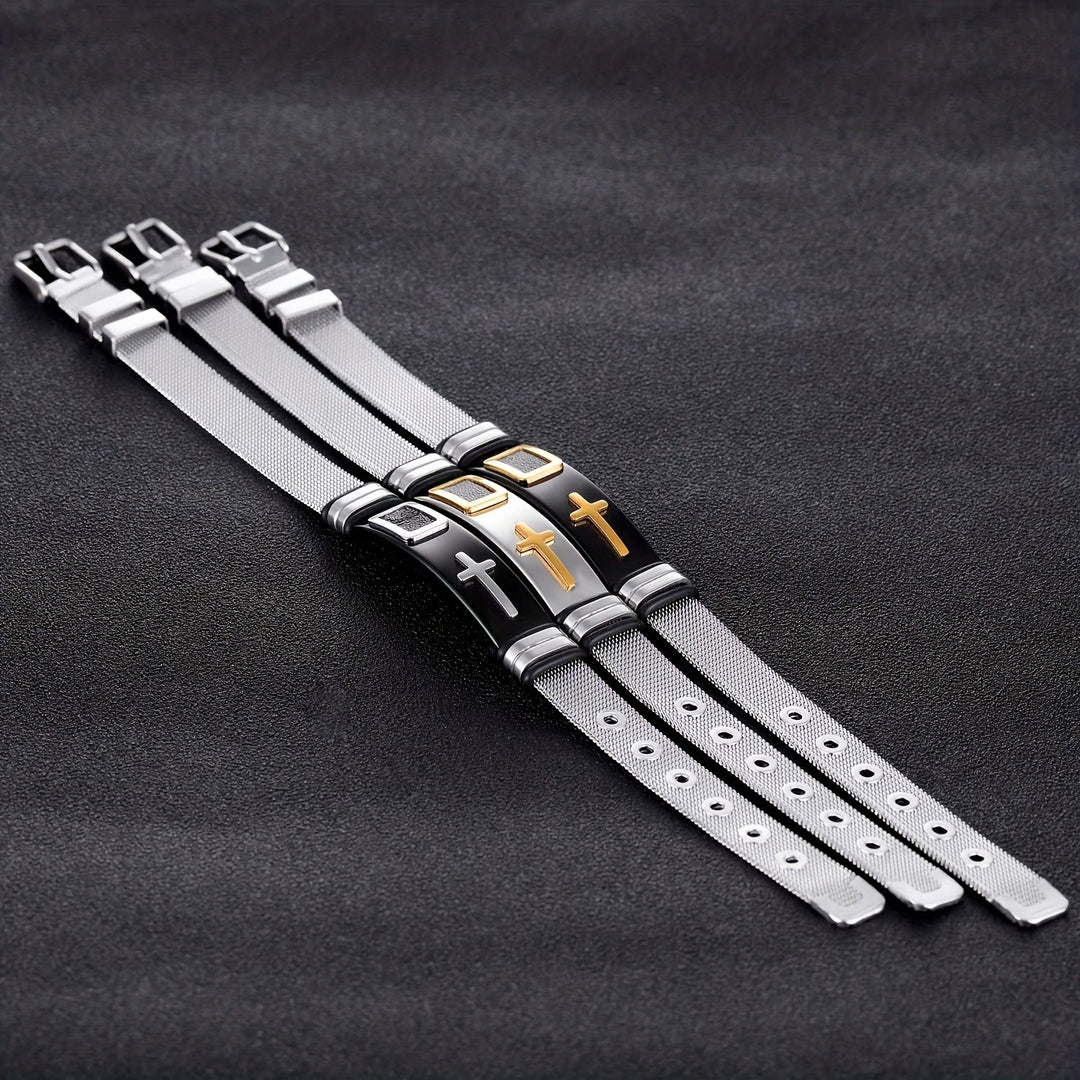 Christianartworkshop Two-Tone Raised Cross Mesh Stainless Steel Pin Buckle Bracelet: Emblem of Minimalist Abiding Grace - image 2