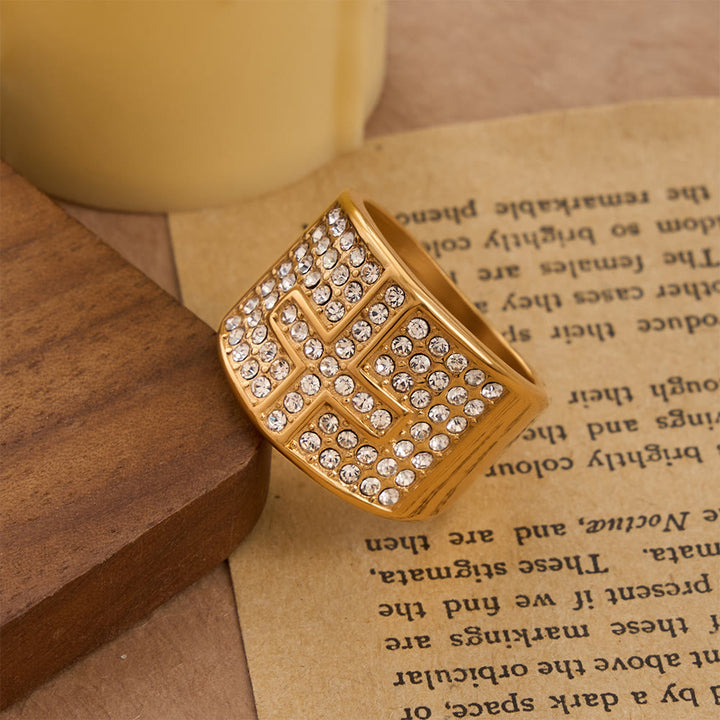 Christianartworkshop Dual Color Polished Thick Band Fully Encased Zircon Cross Ring: Bearer of Steady Quiet Spiritual Serenity - Golden - US 13 - image 1