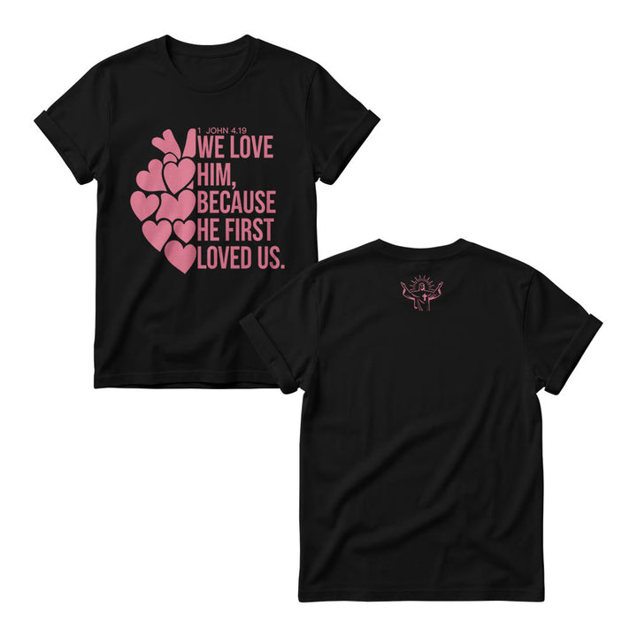 Christianartworkshop Stacked Bold Script Heart Accent 1 John 4:19 Dual Sides Faith Women’s Crewnecks - Black - 4XL - image 2