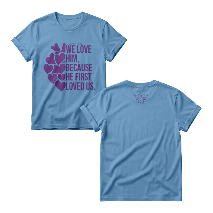 Christianartworkshop Stacked Bold Script Heart Accent 1 John 4:19 Dual Sides Faith Women’s Crewnecks - Blue - 4XL - image 8