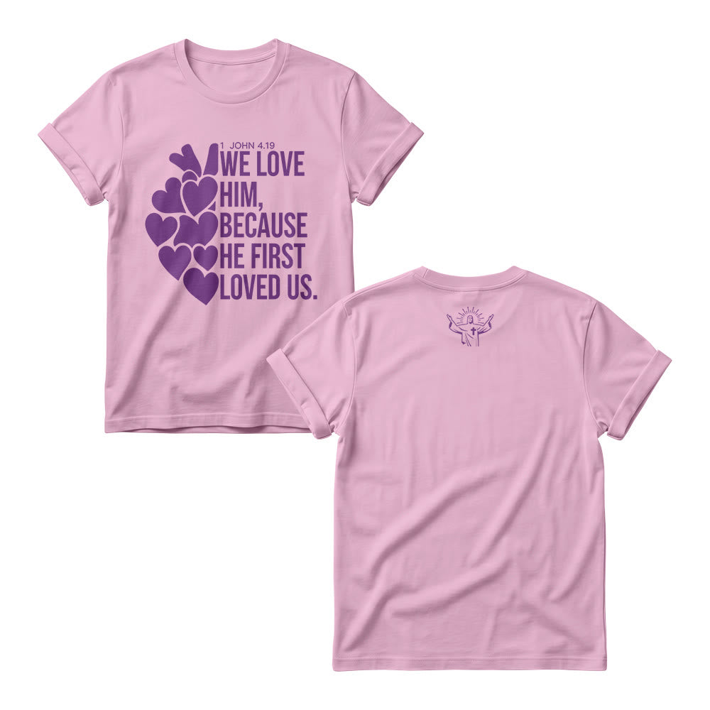 Christianartworkshop Stacked Bold Script Heart Accent 1 John 4:19 Dual Sides Faith Women’s Crewnecks - Pink - 4XL - image 7