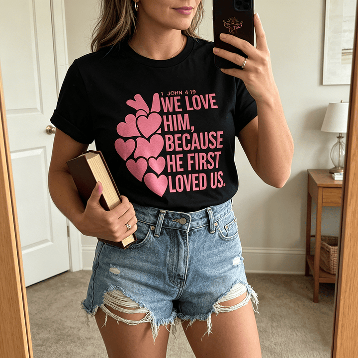 Christianartworkshop Stacked Bold Script Heart Accent 1 John 4:19 Dual Sides Faith Women’s Crewnecks - image 1